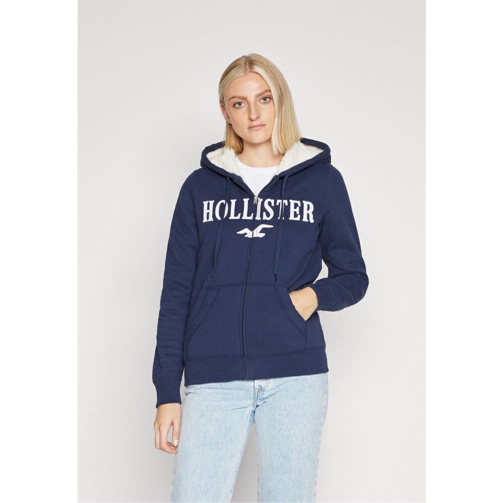 ✨Hollister Co. FAUX SHEARLING-LINED ZIP-UP LOGO GRAPHIC NAVY SZ LARGE HOODIE✨
